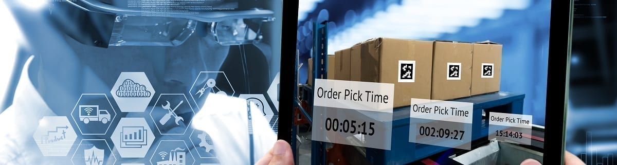 Industry 4.0,Augmented reality and smart logistic concept. Hand holding tablet with AR application for check order pick time in smart factory warehouse.Man use AR glasses and infographic background.