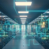 Digital information travels through fiber optic cables through the network and data servers behind glass panels in the server room of the data center. High speed digital lines 3d illustration