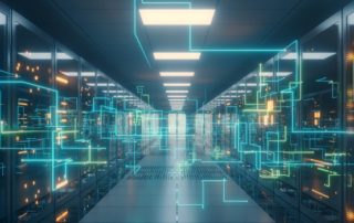 Digital information travels through fiber optic cables through the network and data servers behind glass panels in the server room of the data center. High speed digital lines 3d illustration