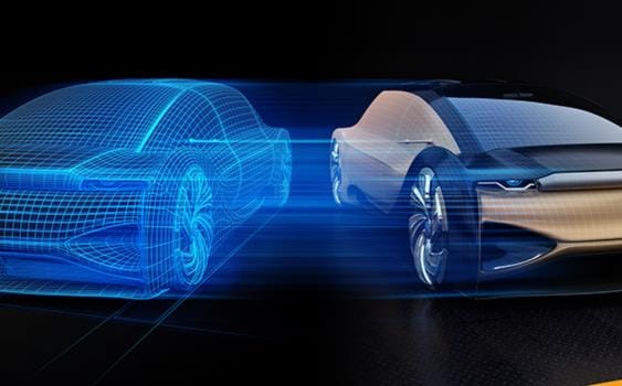 Digital twin showing a wireframe car beside its real-world version ATS Global