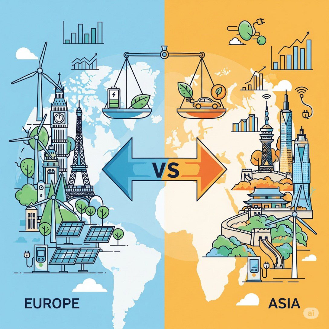Europe vs. Asia sustainable manufacturing competitiveness - Brussels Effect regulations vs. Asia's rapid green energy growth and cost advantages.