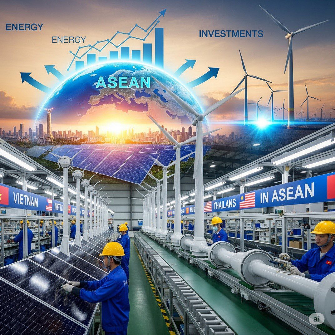 Solar and wind investments are accelerating worldwide. ASEAN countries produce solar panels and wind turbines at competitive costs